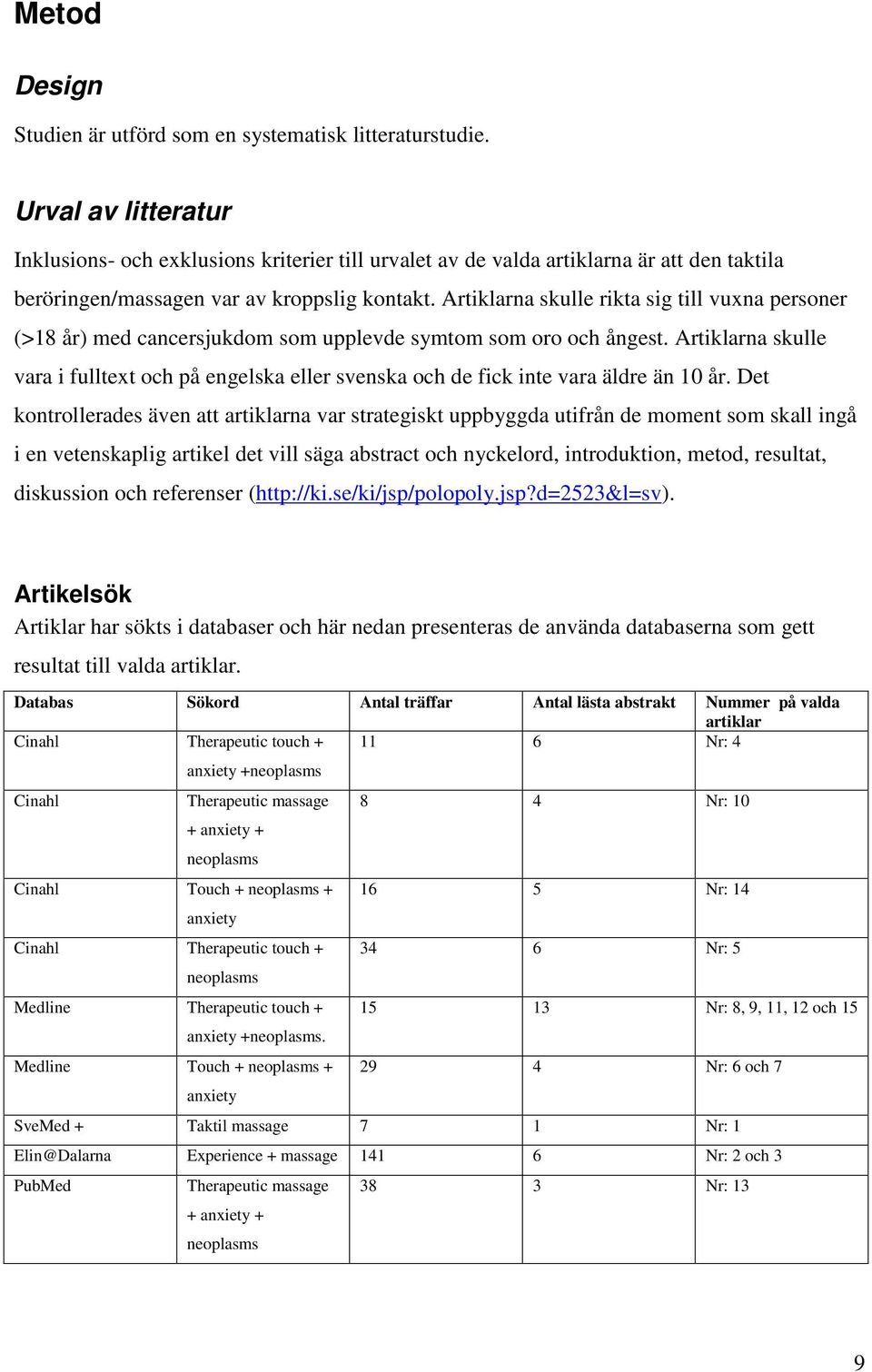 Artiklarna skulle rikta sig till vuxna personer (>18 år) med cancersjukdom som upplevde symtom som oro och ångest.