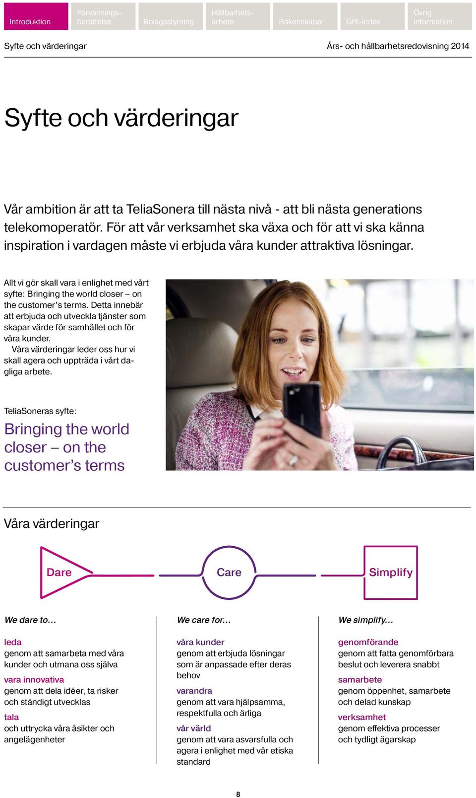 Allt vi gör skall vara i enlighet med vårt syfte: Bringing the world closer on the customer s terms. Detta innebär att erbjuda och utveckla tjänster som skapar värde för samhället och för våra kunder.