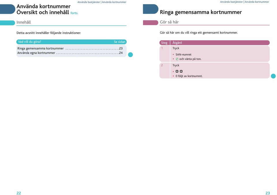 kortnummer Gör så här Gör så här om du vill ringa ett gemensamt kortnummer.