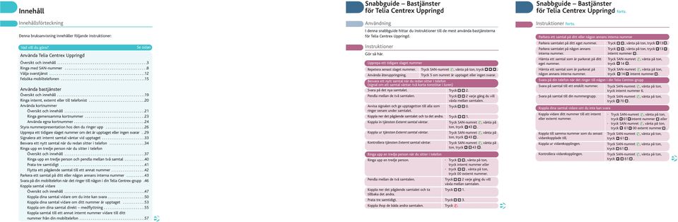 ..............................................9 Ringa internt, externt eller till telefonist..............................0 Använda kortnummer Översikt och innehåll........................................... Ringa gemensamma kortnummer.