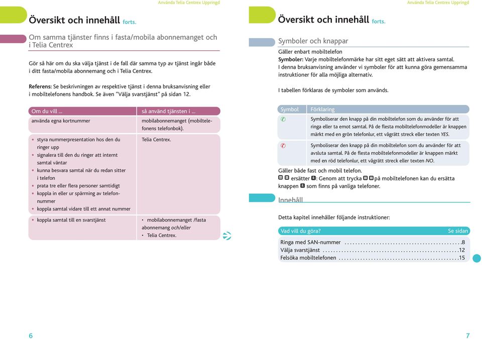 Centrex. Referens: Se beskrivningen av respektive tjänst i denna bruksanvisning eller i mobiltelefonens handbok. Se även Välja svarstjänst på sidan. Översikt och innehåll forts.