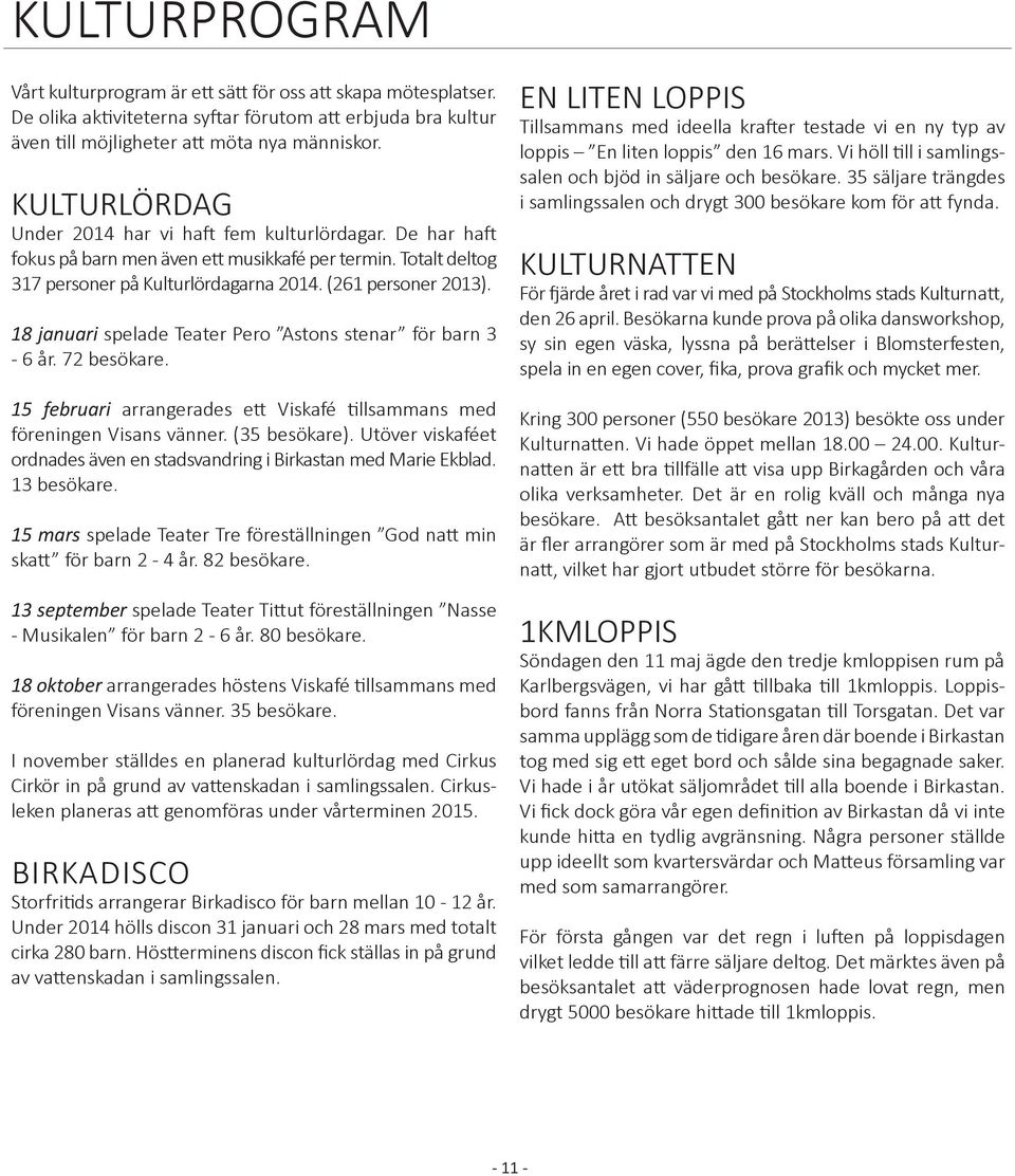 18 januari spelade Teater Pero Astons stenar för barn 3-6 år. 72 besökare. 15 februari arrangerades ett Viskafé tillsammans med föreningen Visans vänner. (35 besökare).