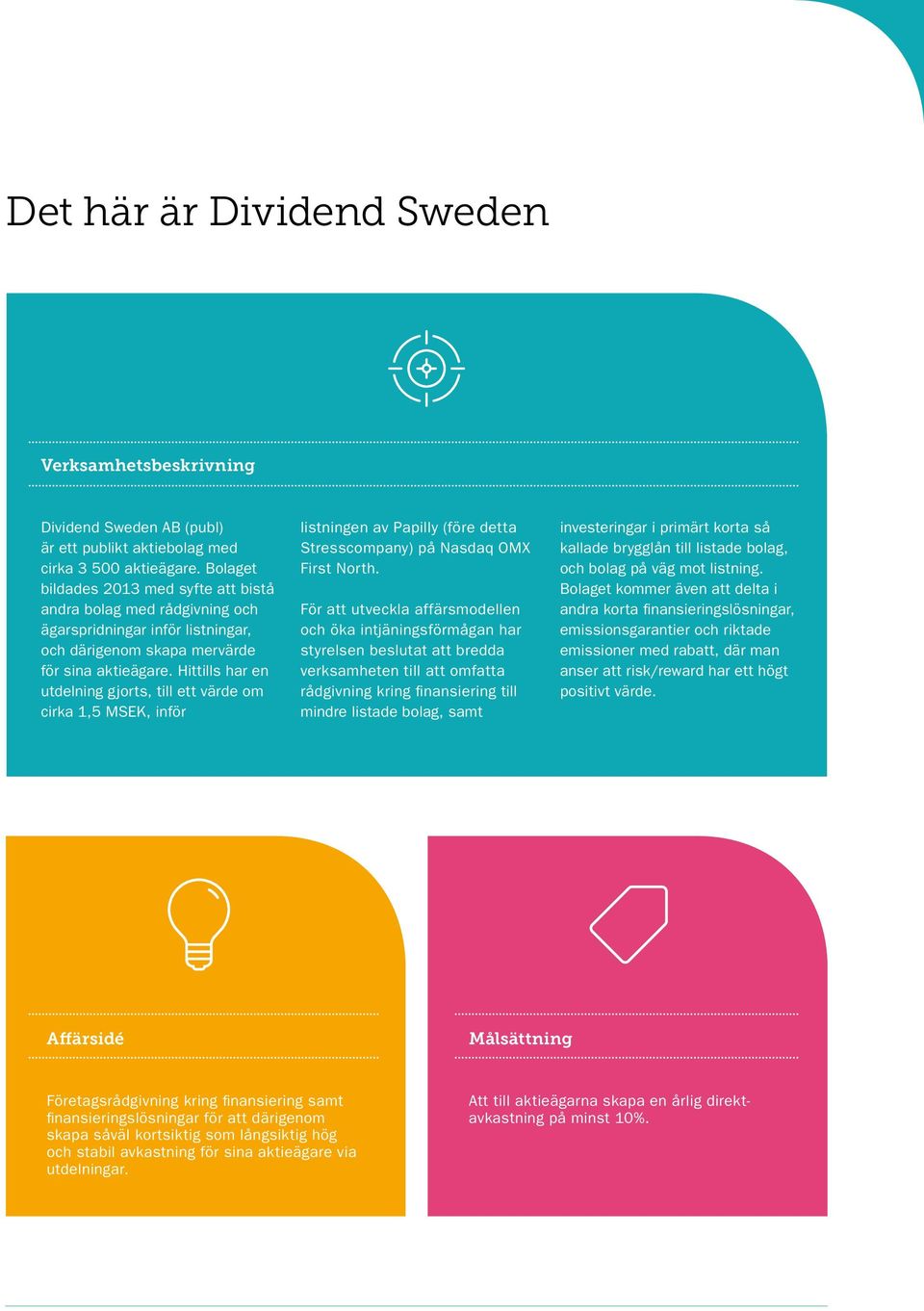 Hittills har en utdelning gjorts, till ett värde om cirka 1,5 MSEK, inför listningen av Papilly (före detta Stresscompany) på Nasdaq OMX First North.