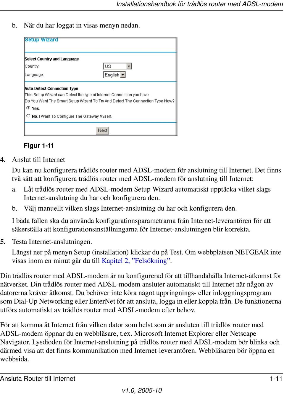 Låt trådlös router med ADSL-modem Setup Wizard automatiskt upptäcka vilket slags Internet-anslutning du har och konfigurera den. b.