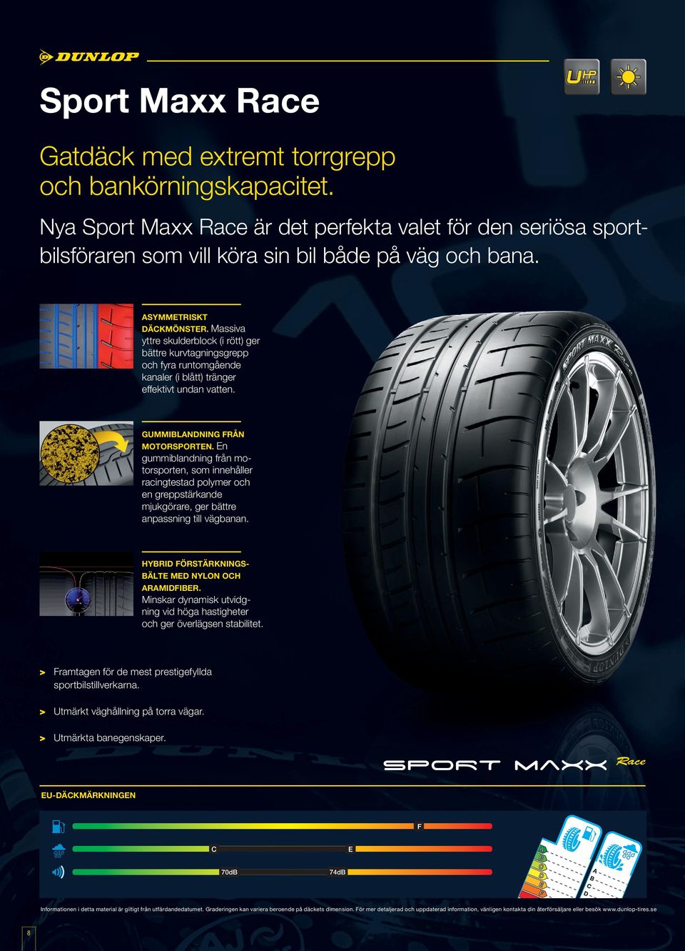 En gummiblandning från motorsporten, som innehåller racingtestad polymer och en greppstärkande mjukgörare, ger bättre anpassning till vägbanan. HYBRID FÖRSTÄRKNINGSBÄLTE MED NYLON OCH ARAMIDFIBER.