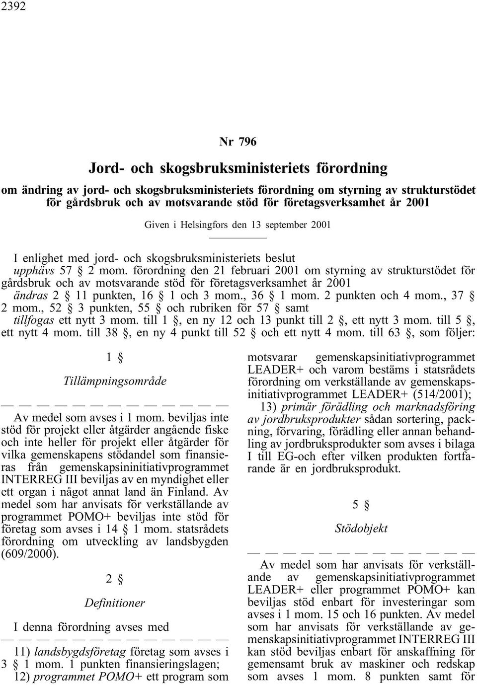 förordning den 21 februari 2001 om styrning av strukturstödet för gårdsbruk och av motsvarande stöd för företagsverksamhet år 2001 ändras 2 11 punkten, 16 1och3mom., 36 1 mom. 2 punkten och 4 mom.