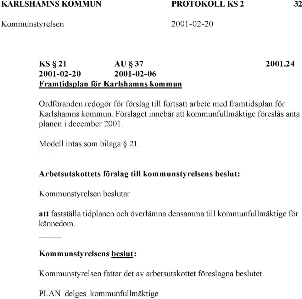 Karlshamns kommun. Förslaget innebär att kommunfullmäktige föreslås anta planen i december 2001. Modell intas som bilaga 21.