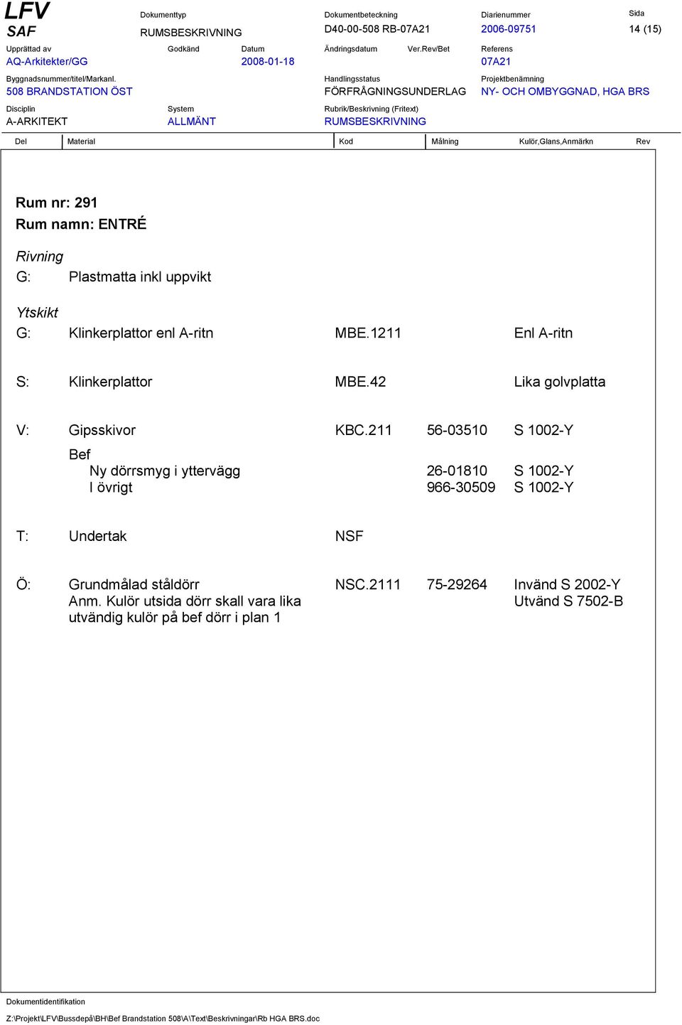 211 56-03510 S 1002-Y Bef Ny dörrsmyg i yttervägg I övrigt 26-01810 966-30509 S 1002-Y S 1002-Y T: Undertak NSF Ö: