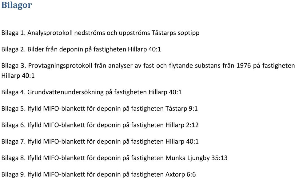 Grundvattenundersökning på fastigheten Hillarp 40:1 Bilaga 5. Ifylld MIFO-blankett för deponin på fastigheten Tåstarp 9:1 Bilaga 6.