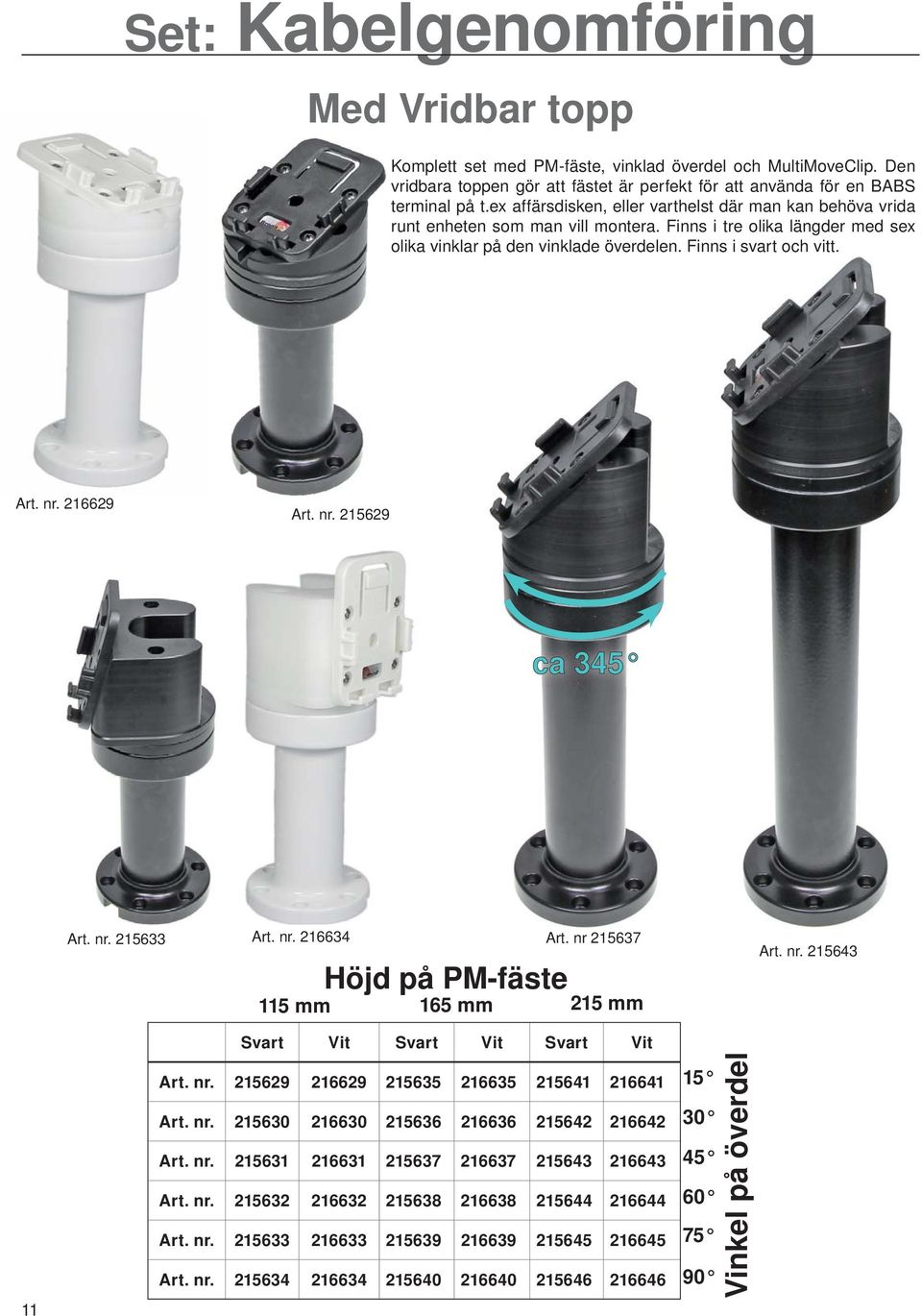 216629 Art. nr. 215629 ca 345 Art. nr. 215633 Art. nr. 216634 Art. nr 215637 Höjd på PM-fäste 115 mm 165 mm 215 mm Art. nr. 215643 11 Svart Vit Svart Vit Svart Vit Art. nr. 215629 216629 215635 216635 215641 216641 Art.