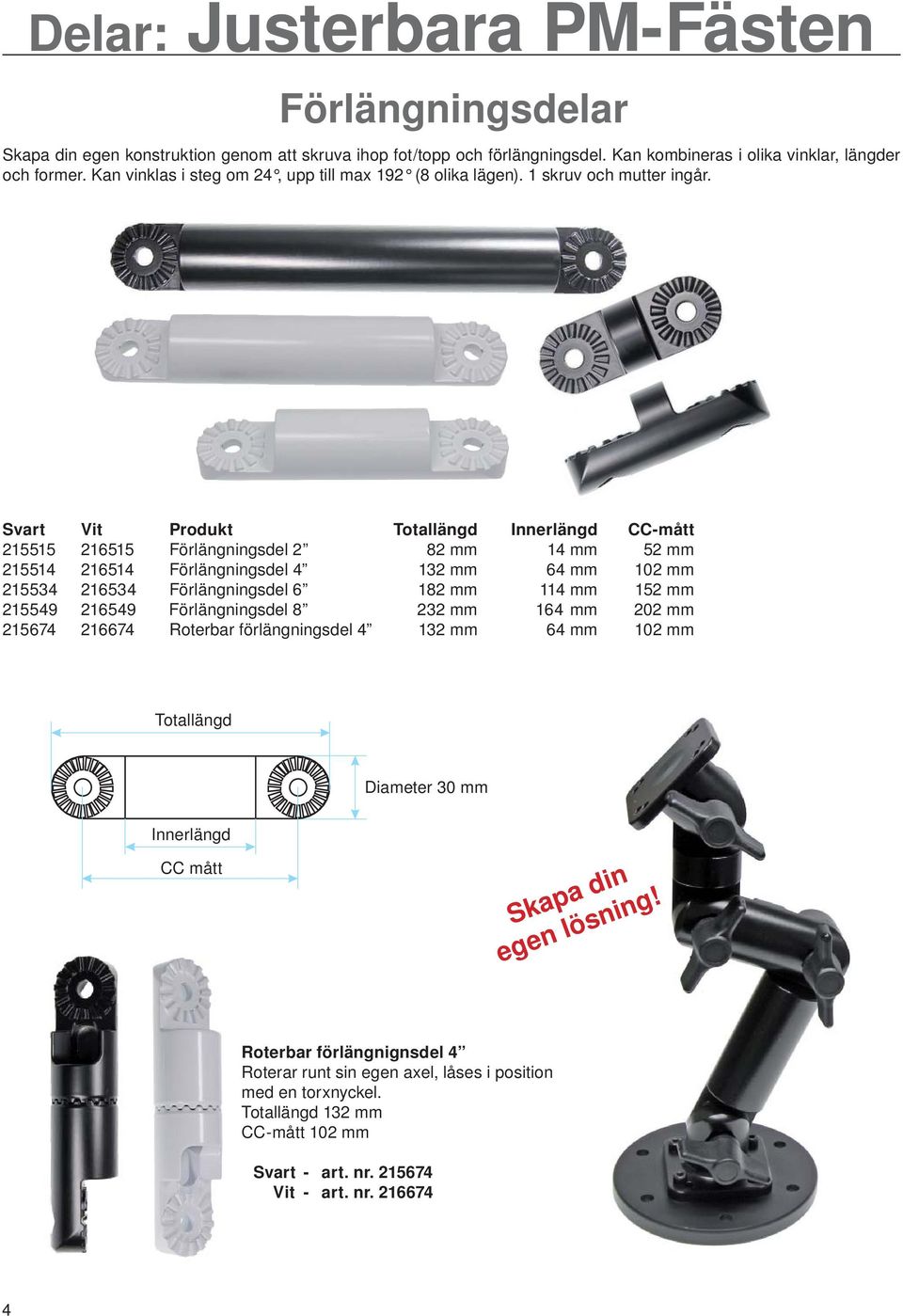 Svart Vit Produkt Totallängd Innerlängd CC-mått 215515 216515 Förlängningsdel 2 82 mm 14 mm 52 mm 215514 216514 Förlängningsdel 4 132 mm 64 mm 102 mm 215534 216534 Förlängningsdel 6 182 mm 114 mm 152