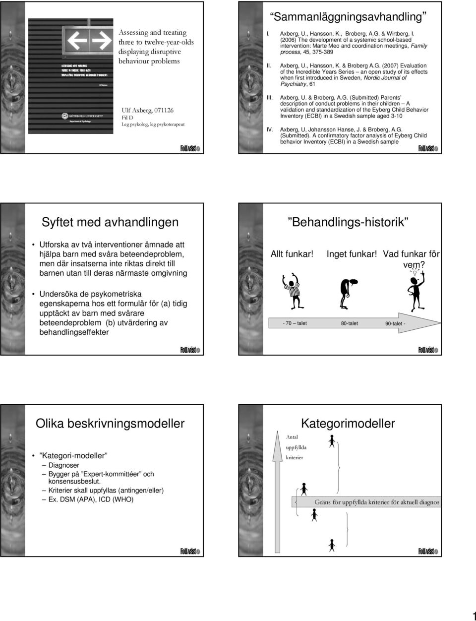 (27) Evaluation of the Incredible Years Series an open study of its effects when first introduced in Sweden, Nordic Journal of Psychiatry, 61 Ulf Axberg, 71126 Fil D Leg psykolog, leg psykoterapeut