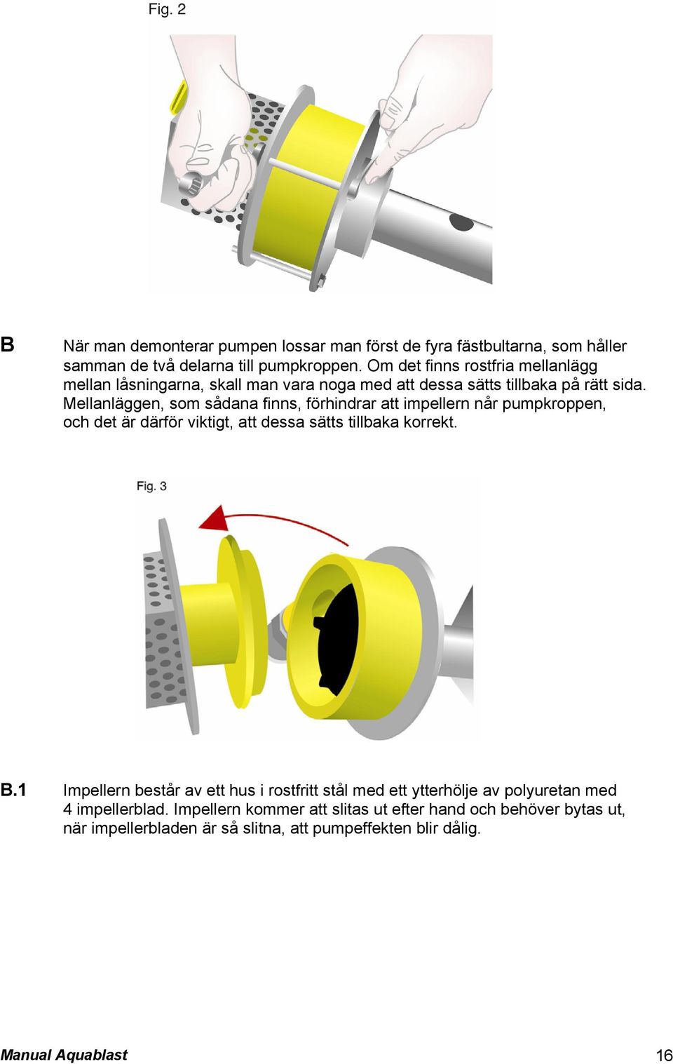Mellanläggen, som sådana finns, förhindrar att impellern når pumpkroppen, och det är därför viktigt, att dessa sätts tillbaka korrekt. B.