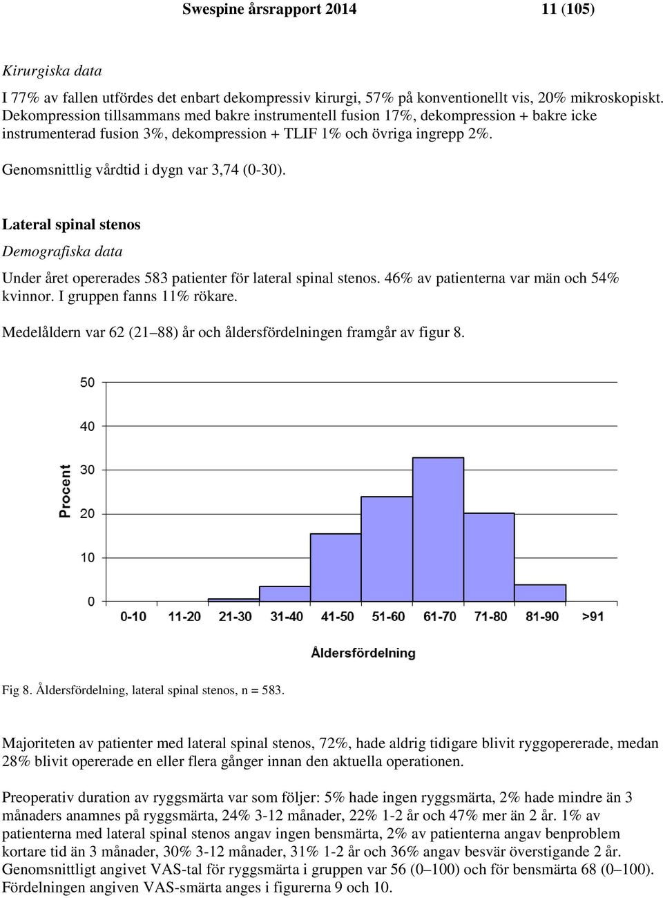 Genomsnittlig vårdtid i dygn var 3,74 (0-30). Lateral spinal stenos Demografiska data Under året opererades 583 patienter för lateral spinal stenos. 46% av patienterna var män och 54% kvinnor.