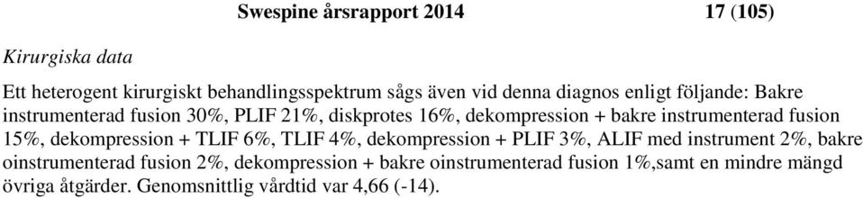 fusion 15%, dekompression + TLIF 6%, TLIF 4%, dekompression + PLIF 3%, ALIF med instrument 2%, bakre oinstrumenterad