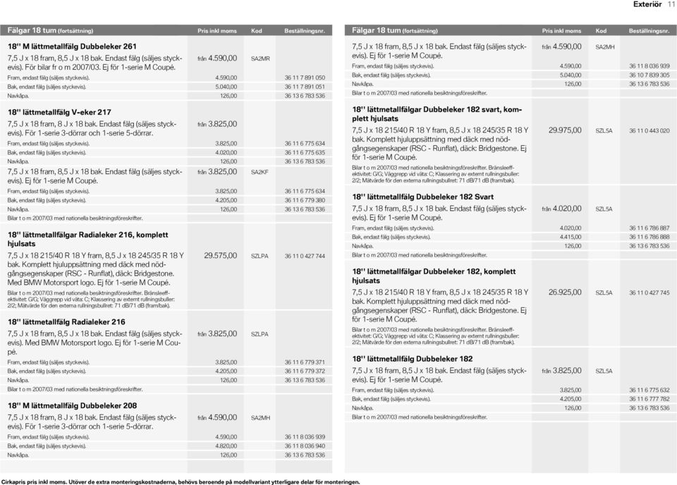 Endast fälg (säljes styckevis). För bilar fr o m 2007/03. Ej för 1-serie M Coupé. från 4.590,00 Fram, endast fälg (säljes styckevis). 4.590,00 Bak, endast fälg (säljes styckevis). 5.