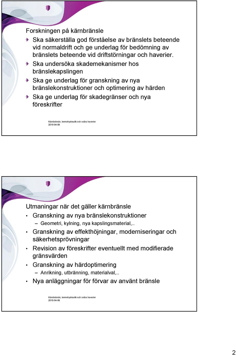 föreskrifter Utmaningar när det gäller kärnbränsle Granskning av nya bränslekonstruktioner Geometri, kylning, nya kapslingsmaterial,.