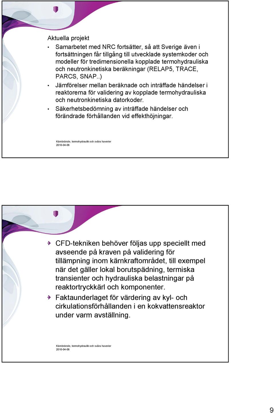 .) Jämförelser mellan beräknade och inträffade händelser i reaktorerna för validering av kopplade termohydrauliska och neutronkinetiska datorkoder.