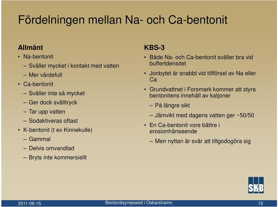 Ca-bentonit sväller bra vid buffertdensitet Jonbytet är snabbt vid tillförsel av Na eller Ca Grundvattnet i Forsmark kommer att styra bentonitens