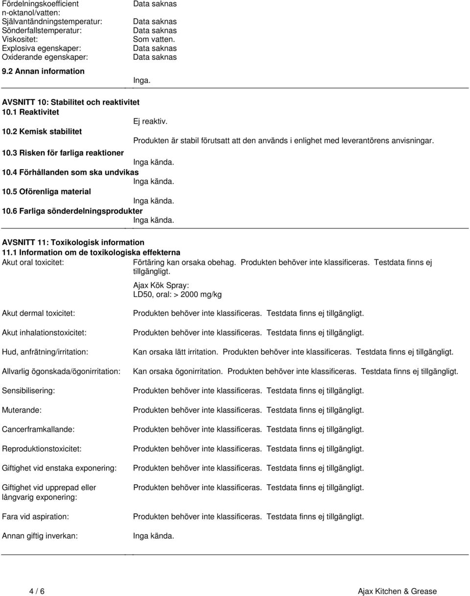 Inga kända 104 Förhållanden som ska undvikas Inga kända 105 Oförenliga material Inga kända 106 Farliga sönderdelningsprodukter Inga kända AVSNITT 11: Toxikologisk information 111 Information om de