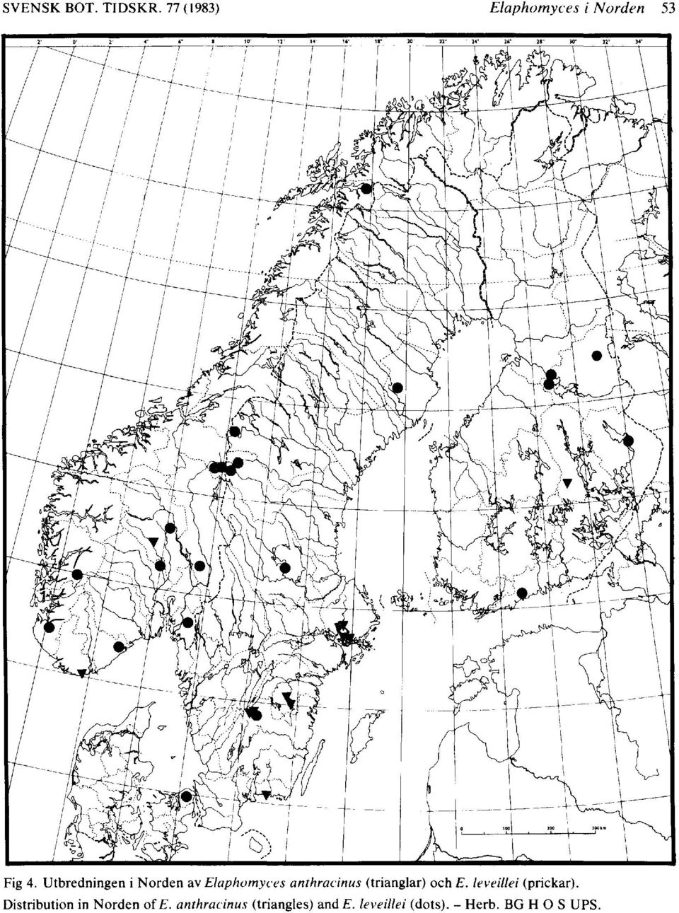 och E. leveillei (prickar). Distribution in Norden ofe.