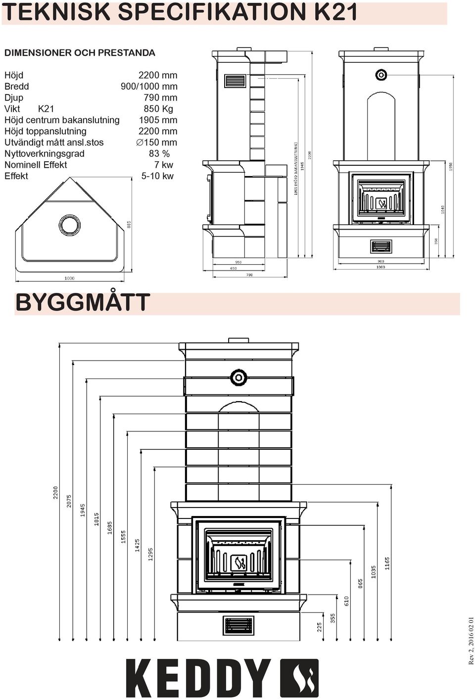 mm Höjd toppanslutning 2200 mm Utvändigt mått ansl.