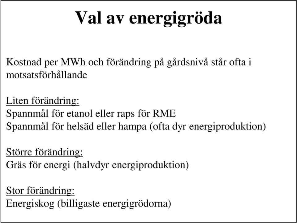 Spannmål för helsäd eller hampa (ofta dyr energiproduktion) Större förändring: