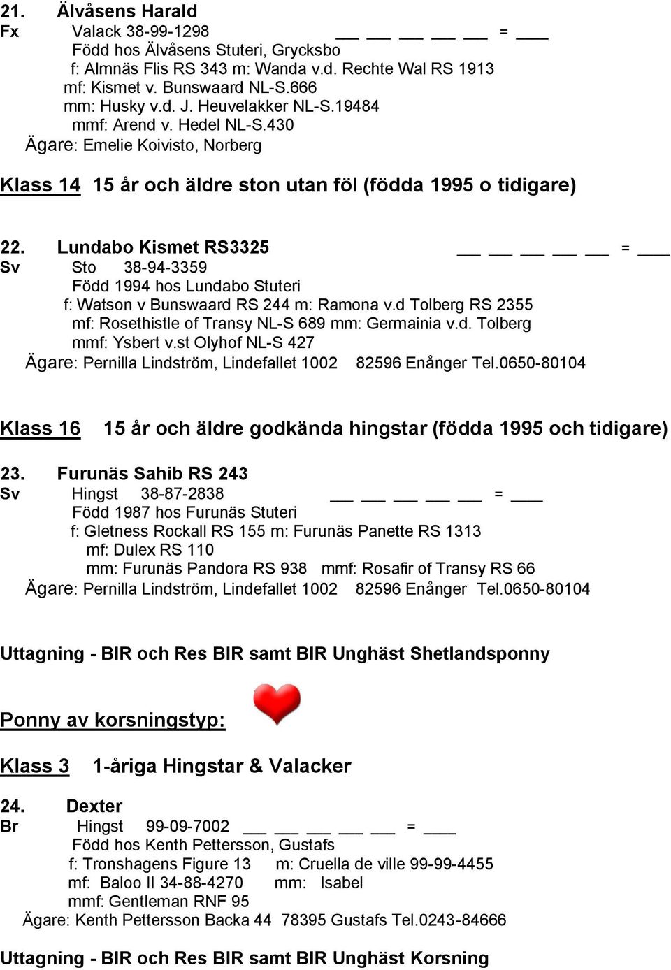 Lundabo Kismet RS3325 = Sv Sto 38-94-3359 Född 1994 hos Lundabo Stuteri f: Watson v Bunswaard RS 244 m: Ramona v.d Tolberg RS 2355 mf: Rosethistle of Transy NL-S 689 mm: Germainia v.d. Tolberg mmf: Ysbert v.