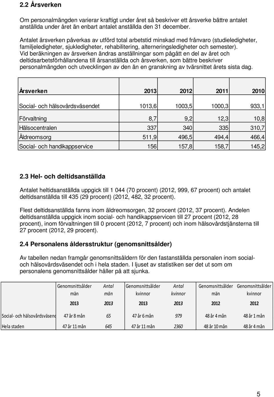 Vid beräkningen av årsverken ändras anställningar som pågått en del av året och deltidsarbetsförhållandena till årsanställda och årsverken, som bättre beskriver personalmängden och utvecklingen av
