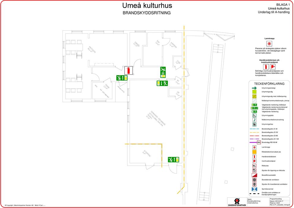 TECKENFÖRKLARING Utrymningsstrategi Utrymningsväg Utrymningsväg med nödbelysning Nödbelyst kommunikationsyta, princip Vägledande markering nödbelyst Vägledande markering kombinerad mot