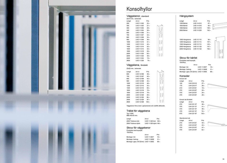 Väggskena, förstärkt 22x22 mm, lackerade Längd 600 UVD 12 006 36: 700 UVD 12 007 40: 800 UVD 12 008 42: 900 UVD 12 009 45: 1000 UVD 12 010 48: 1200 UVD 12 012 53: 1400 UVD 12 014 65: 1600 UVD 12 016