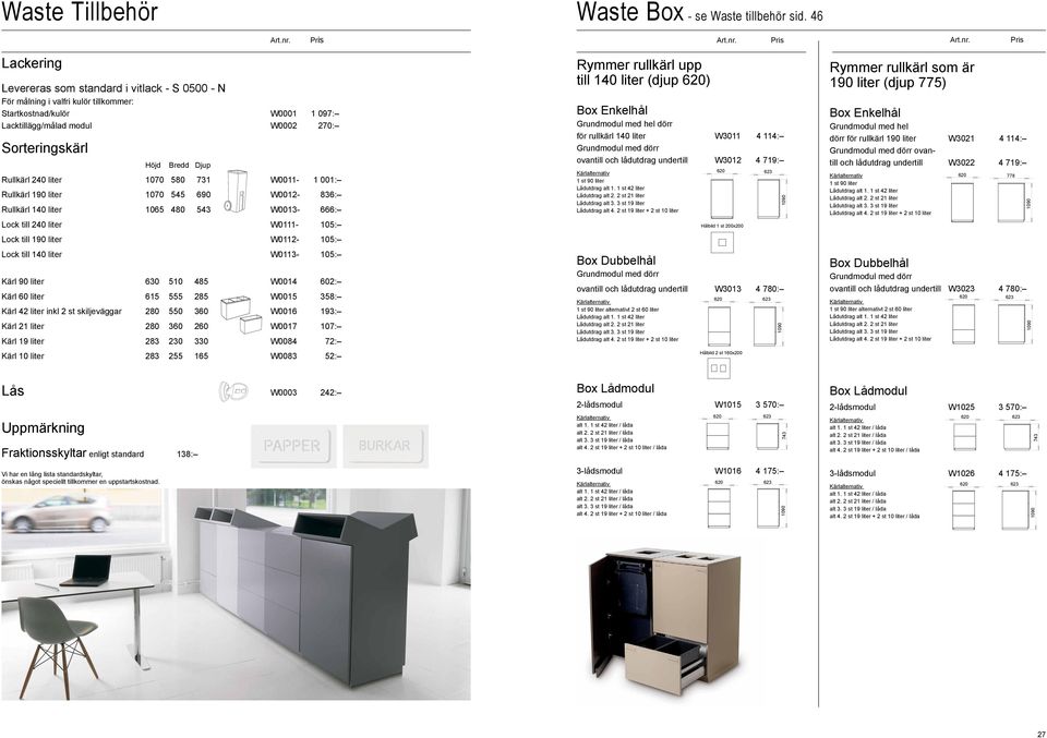 Rullkärl 240 liter 1070 580 731 W0011-1 001: Rullkärl 190 liter 1070 545 690 W0012-836: Rullkärl 140 liter 1065 480 543 W0013-666: Lock till 240 liter W0111-105: Rymmer rullkärl upp till 140 liter