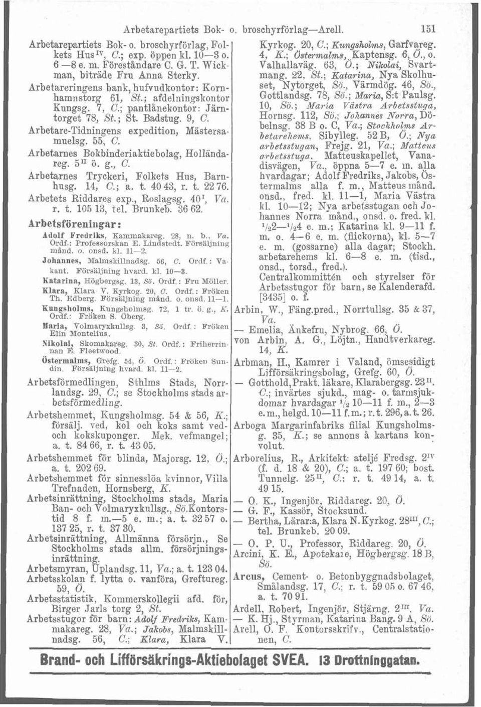 ; Katarina, Nya Skolhn- Arbetareringens bank, hufvudkontor: Korn- Set, Nytorget, SO., Värmdög- 46, hamnstorg 61, St.; afdelningsl<ontor Gottland%. 78, 6%. Mark, S:t Paul%!- Knngsg. 7, C.