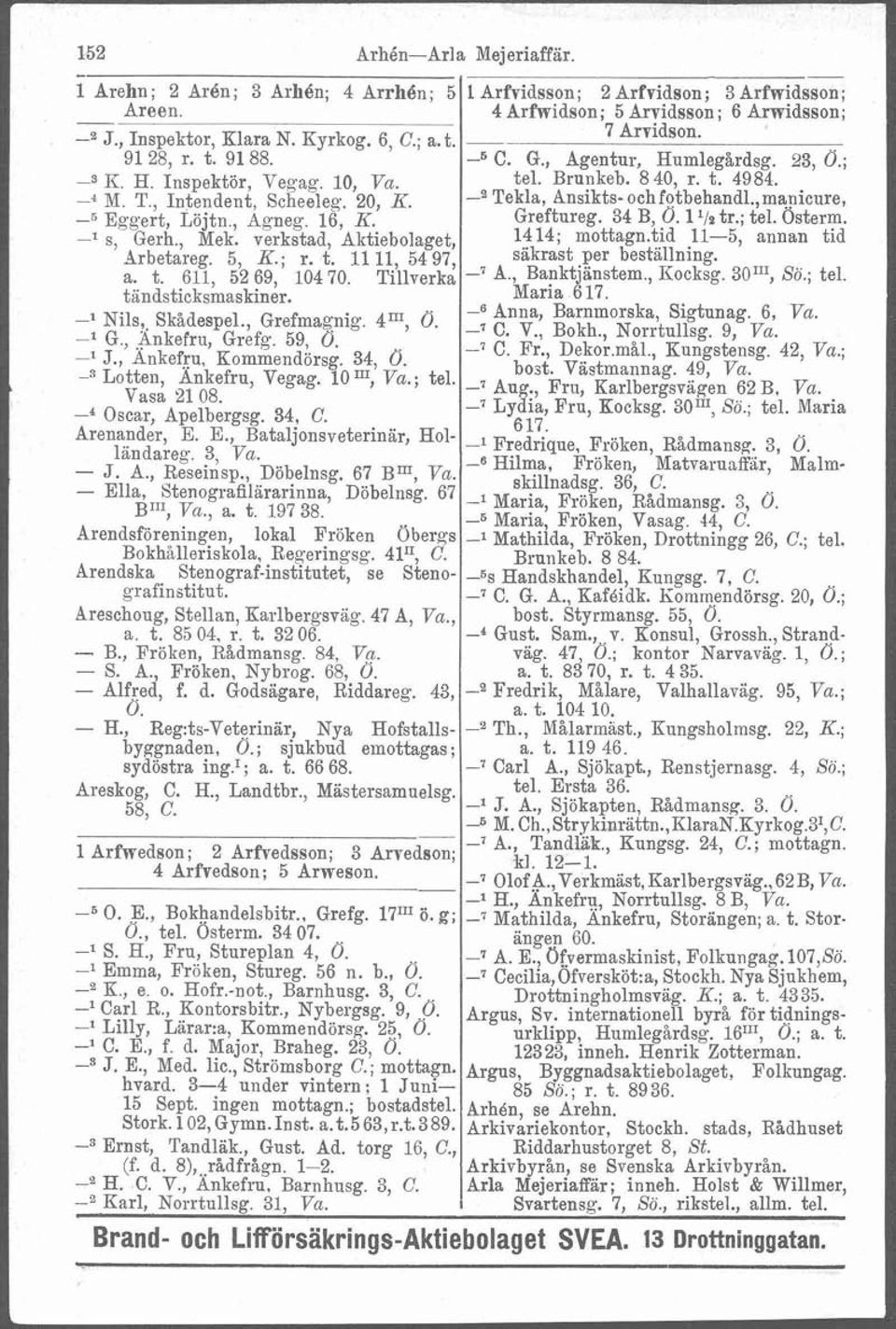 Oscar, Apelbergsg. 34, C. Arenander, E. E., Bataljonsveterinar, Hollandareg. 3, Va. - J. A., Reseinspe, Döbelnsg. 67 Bm, Va. - Ella, Stenografilararinna, Döbelnsg. 67 B1I1, Va., a. t. 197 38.