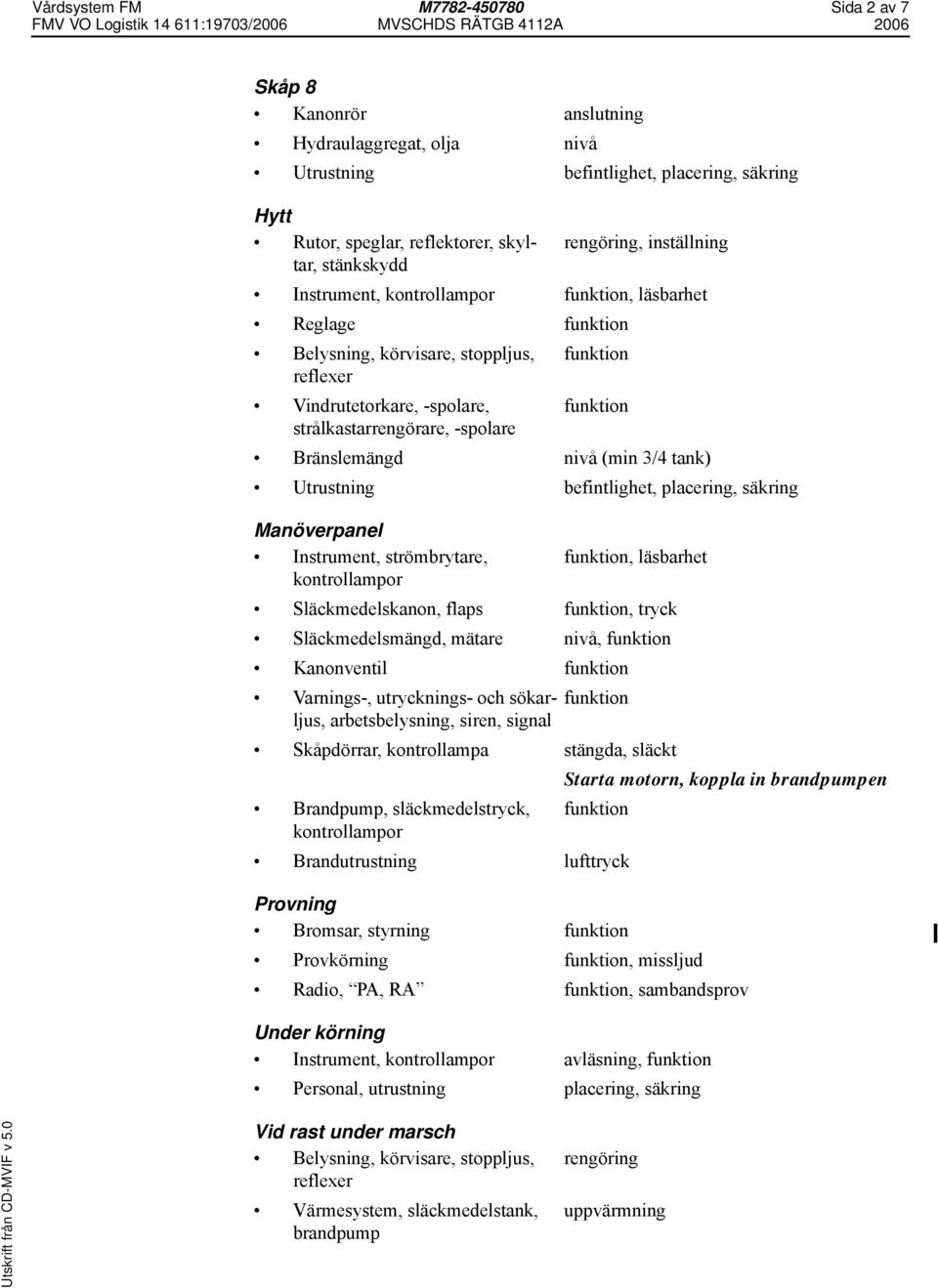 läsbarhet kontrollampor Släckmedelskanon, flaps, tryck Släckmedelsmängd, mätare nivå, Kanonventil Varnings-, utrycknings- och sökarljus, arbetsbelysning, siren, signal Skåpdörrar, kontrollampa