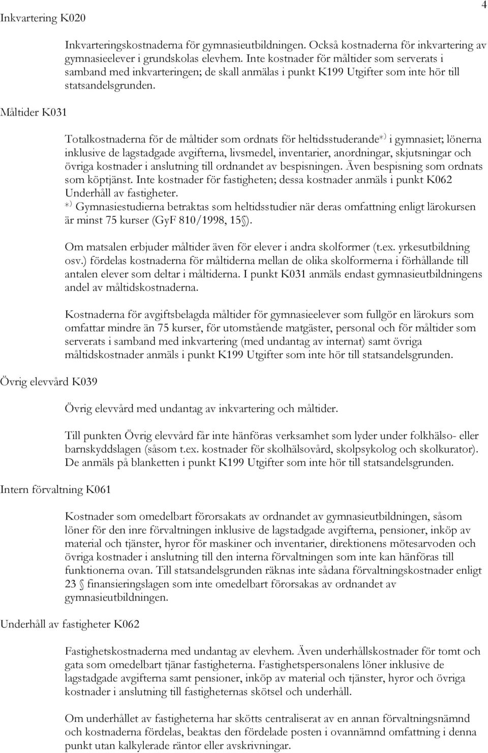 Inte kostnader för måltider som serverats i samband med inkvarteringen; de skall anmälas i punkt K199 Utgifter som inte hör till Totalkostnaderna för de måltider som ordnats för heltidsstuderande* )