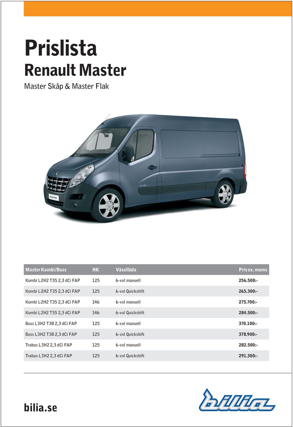 300:- Kombi L2H2 T35 2,3 dci FAP 146 6-vxl manuell 275.700:- Kombi L2H2 T35 2,3 dci FAP 146 6-vxl Quickshift 284.