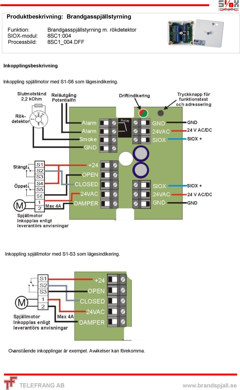DFF Inkopplingsbeskrivning Inkoppling spjällmotor med S1-S6 som lägesindikering.