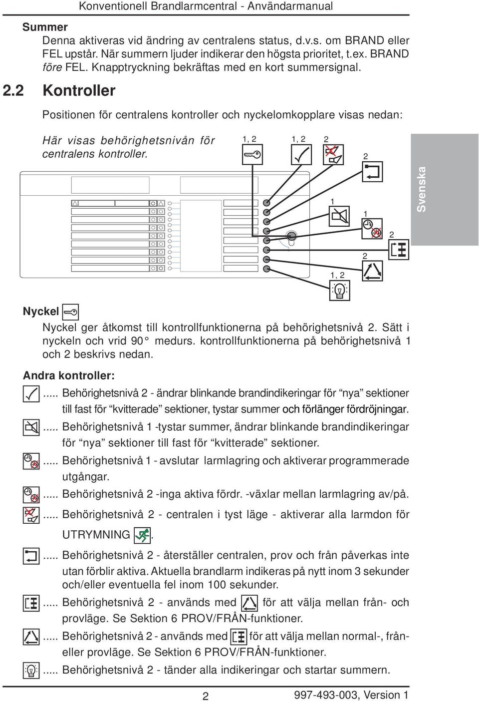 ,,, Nyckel Nyckel ger åtkomst till kontrollfunktionerna på behörighetsnivå. Sätt i nyckeln och vrid 90 medurs. kontrollfunktionerna på behörighetsnivå och beskrivs nedan. Andra kontroller:.