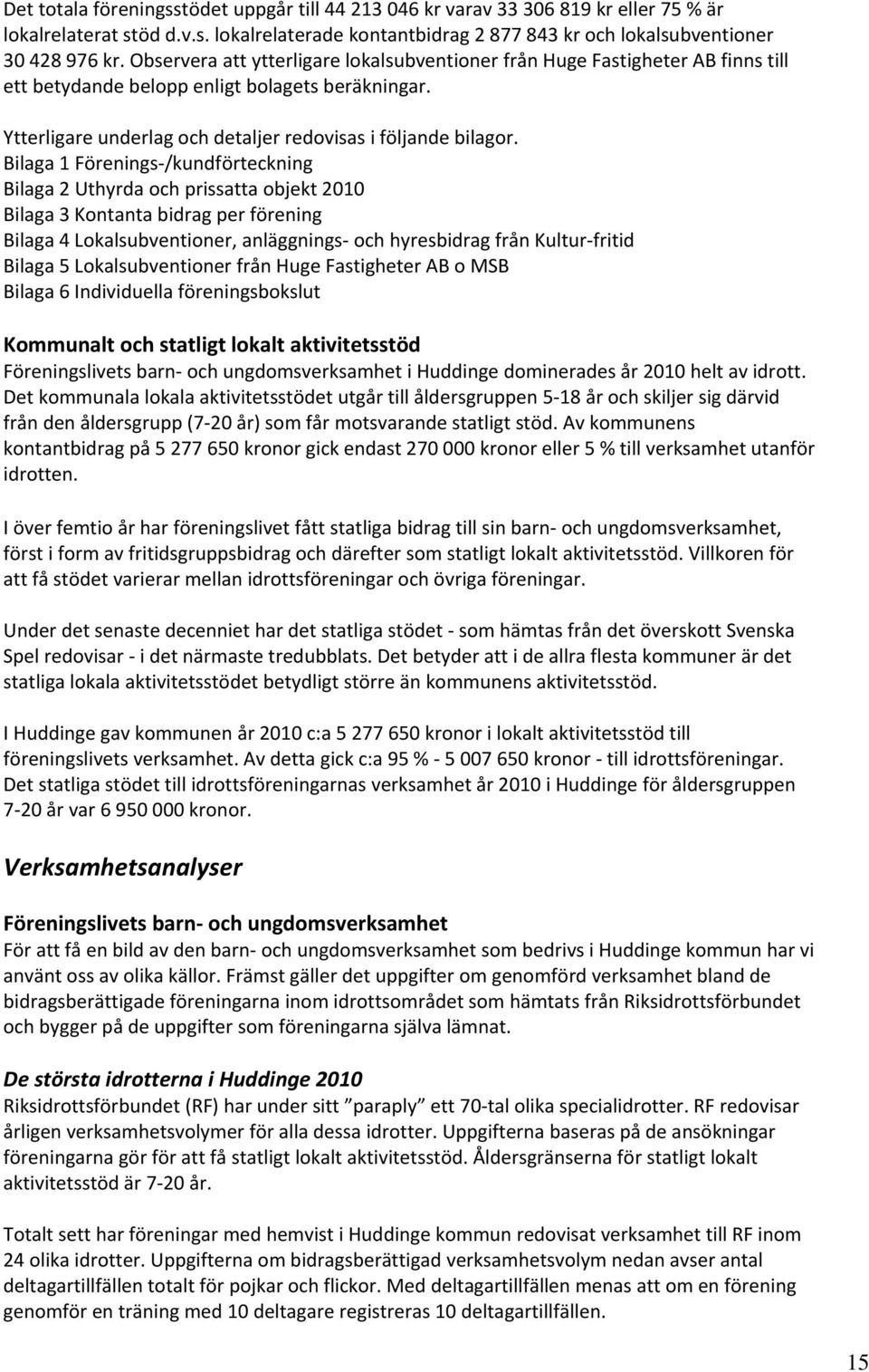 Bilaga 1 Förenings /kundförteckning Bilaga 2 Uthyrda och prissatta objekt 2010 Bilaga 3 Kontanta bidrag per förening Bilaga 4 Lokalsubventioner, anläggnings och hyresbidrag från Kultur fritid Bilaga