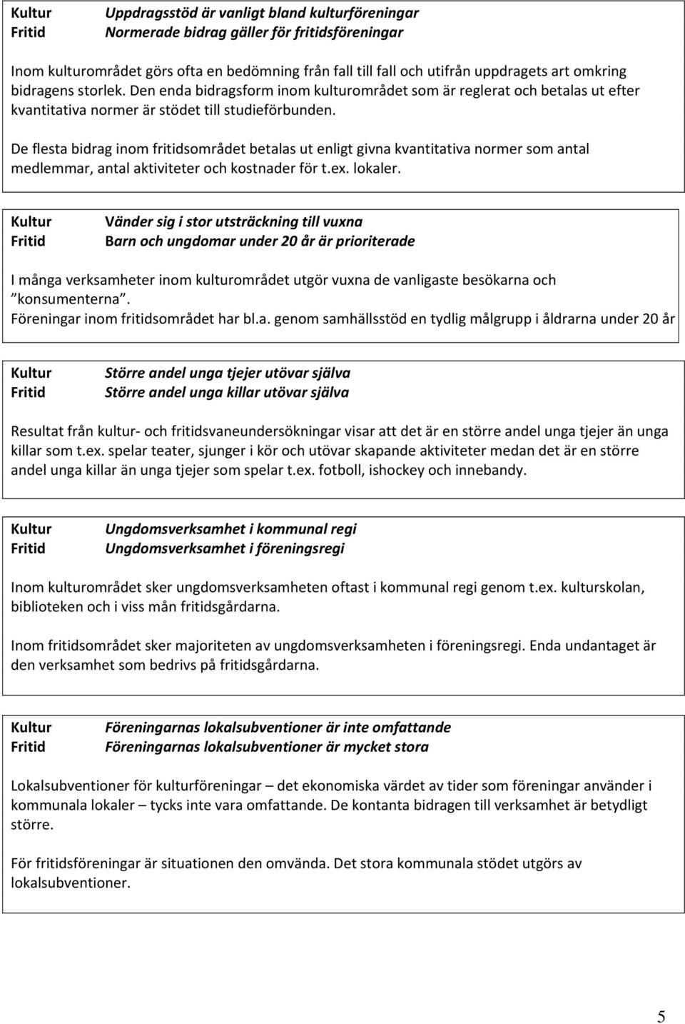 De flesta bidrag inom fritidsområdet betalas ut enligt givna kvantitativa normer som antal medlemmar, antal aktiviteter och kostnader för t.ex. lokaler.