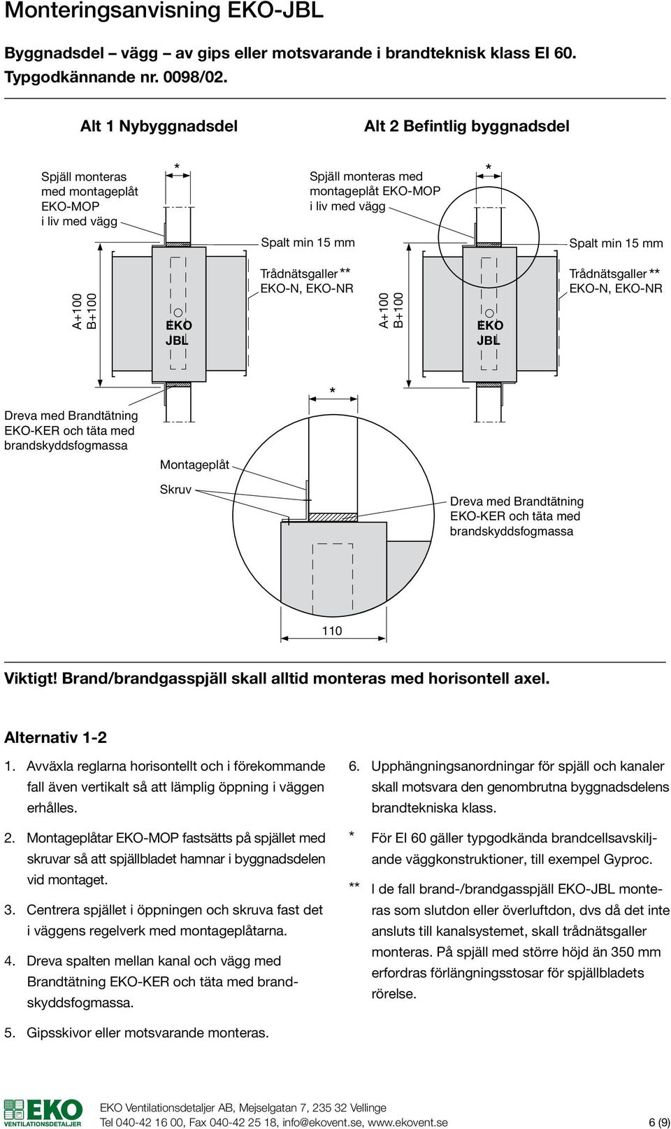 -N, -NR Trådnätsgaller -N, -NR -KER och täta med Montageplåt Skruv -KER och täta med 110 Viktigt! Brand/brandgasspjäll skall alltid monteras med horisontell axel. - 13 Mont. Alternativ 1-2 1.