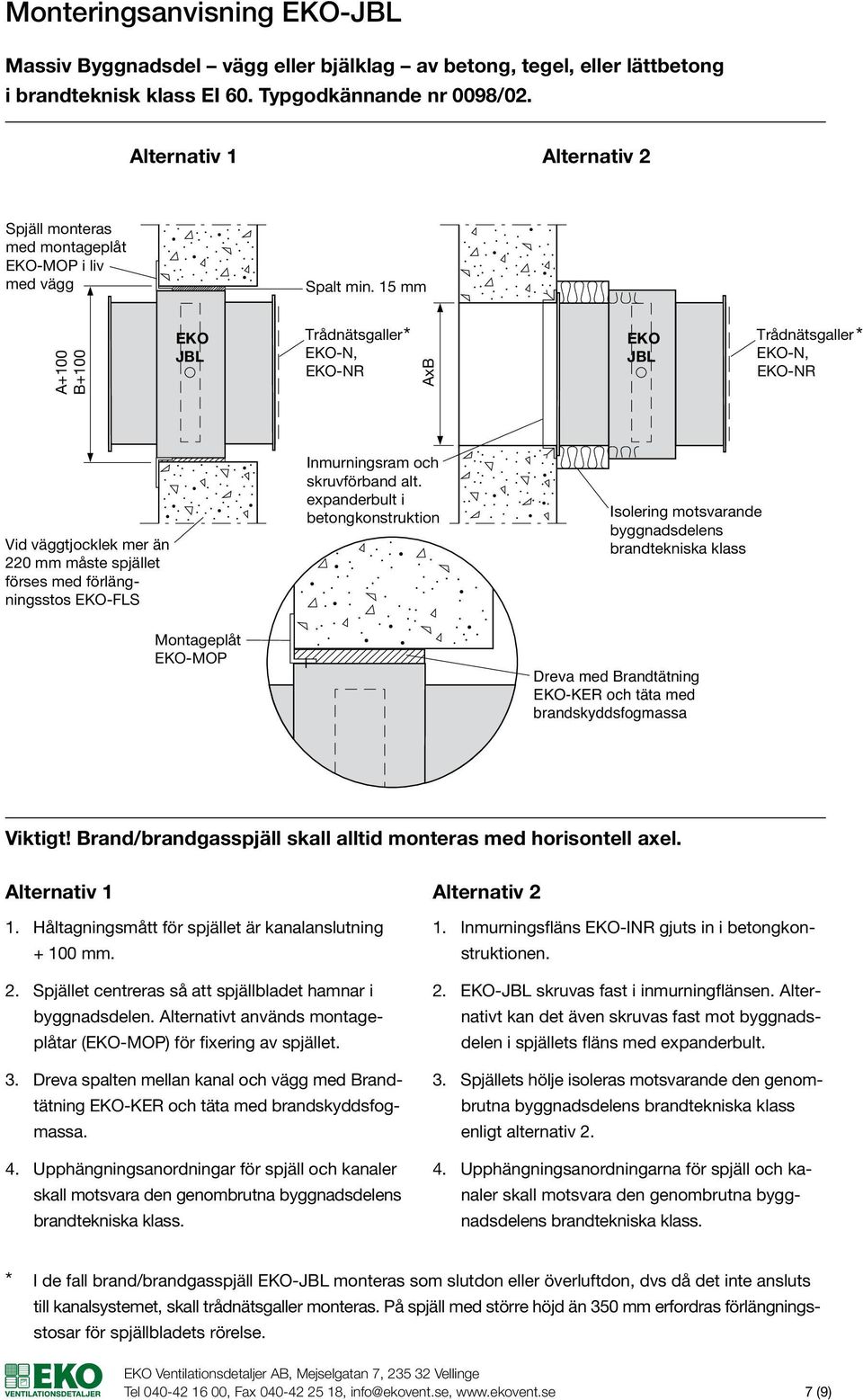 15 mm Trådnätsgaller -N, -NR Trådnätsgaller AxB -N, -NR Vid väggtjocklek mer än 220 mm måste spjället förses med förlängningsstos -FLS Montageplåt -MOP Inmurningsram och skruvförband alt.