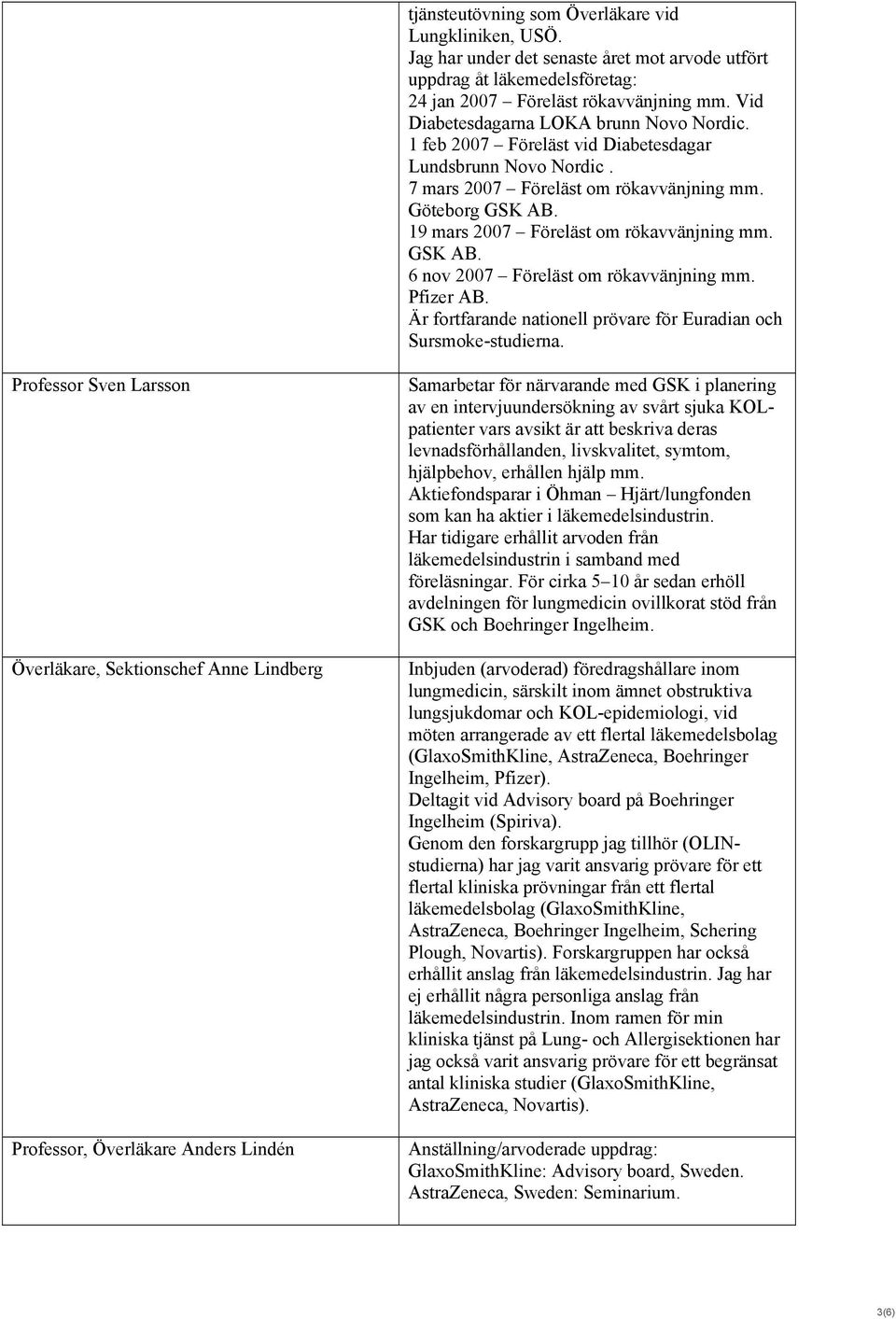 19 mars 2007 Föreläst om rökavvänjning mm. GSK AB. 6 nov 2007 Föreläst om rökavvänjning mm. Pfizer AB. Är fortfarande nationell prövare för Euradian och Sursmoke-studierna.