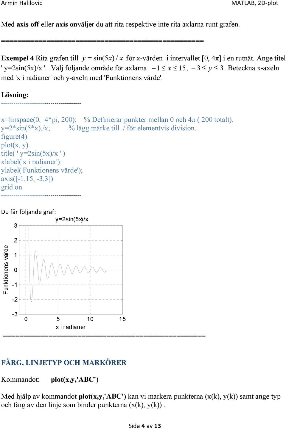 Lösning: x=linspace(, *pi, ); % Definierar punkter mellan och π ( totalt). y=*sin(5*x)./x; % lägg märke till./ för elementvis division.