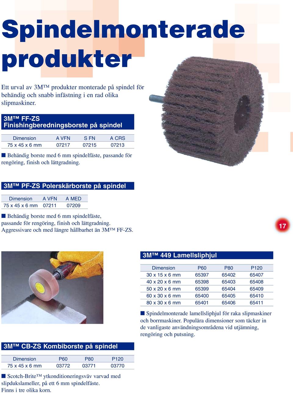 3M PF-ZS Polerskärborste på spindel Dimension A VFN A MED 75 x 45 x 6 mm 07211 07209 Behändig borste med 6 mm spindelfäste, passande för rengöring, finish och lättgradning.