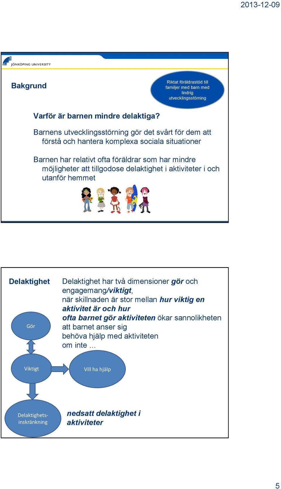 delaktighet i aktiviteter i och utanför hemmet Delaktighet Gör Delaktighet har två dimensioner gör och engagemang/viktigt, när skillnaden är stor mellan hur