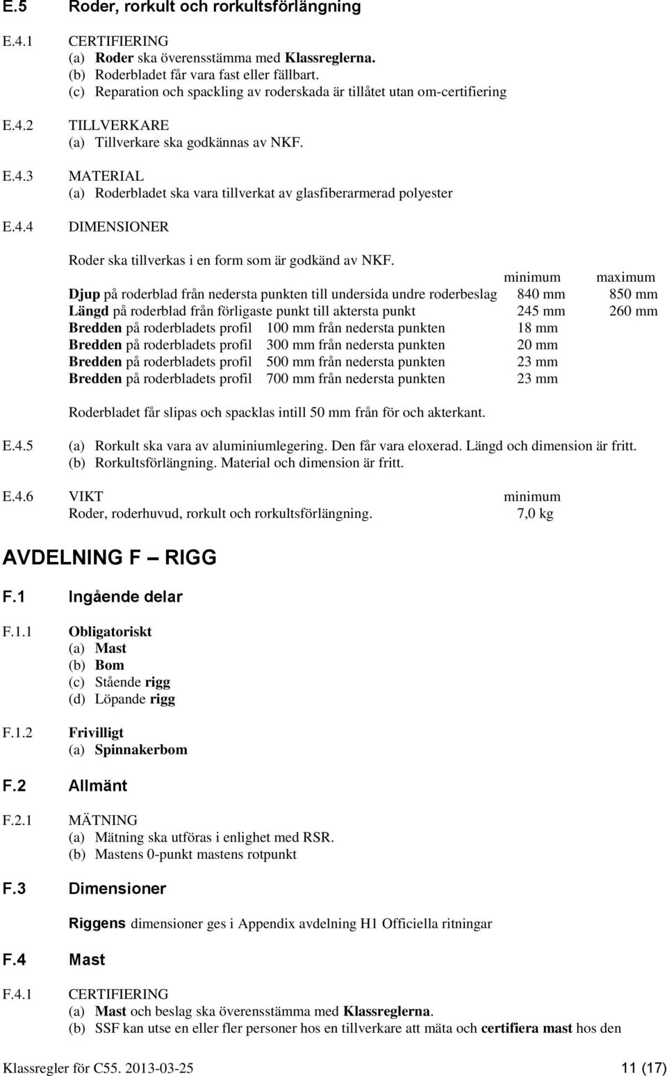 (a) Roderbladet ska vara tillverkat av glasfiberarmerad polyester DIMENSIONER Roder ska tillverkas i en form som är godkänd av NKF.