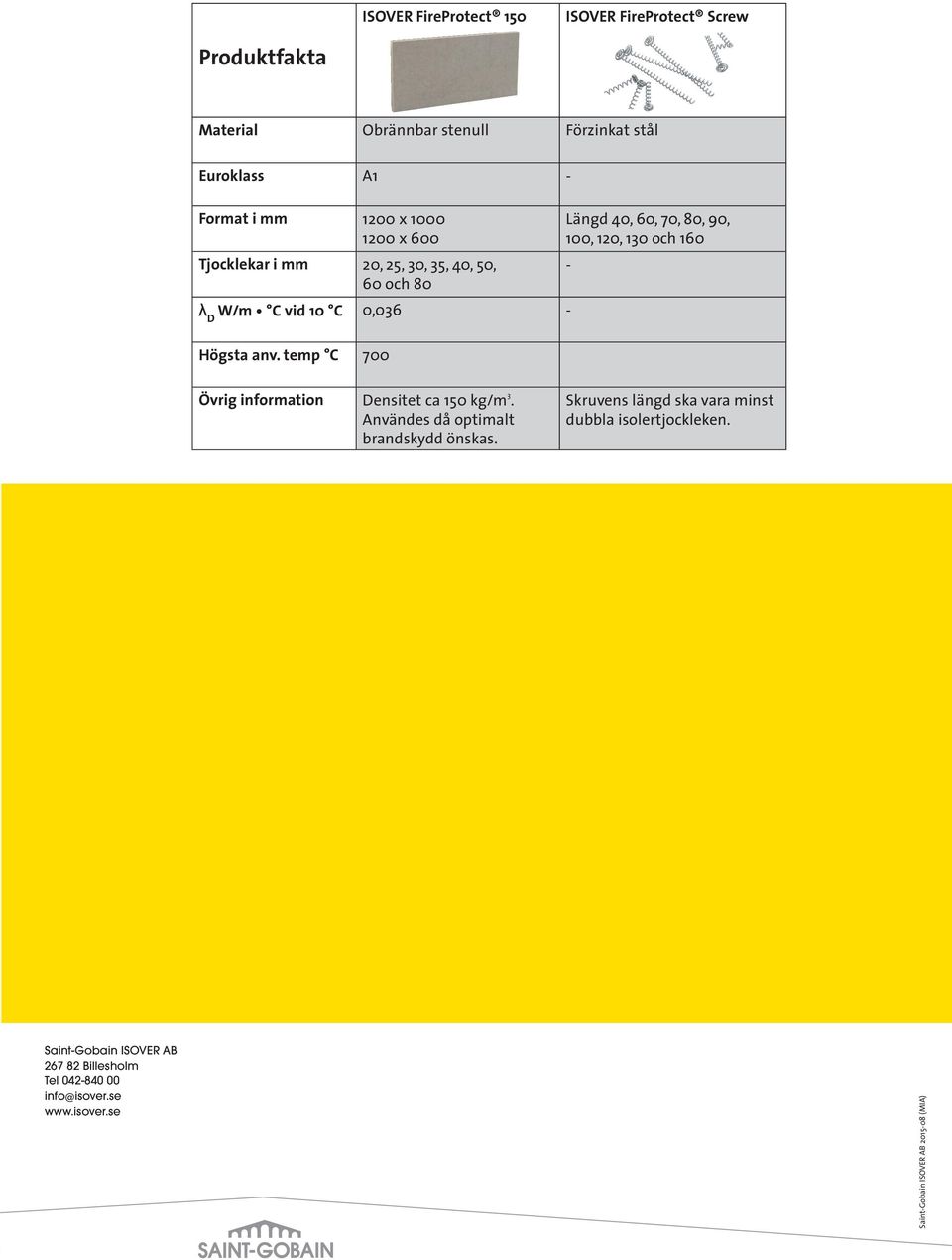 - Högsta anv. temp C 700 Övrig information Densitet ca 150 kg/m 3. Användes då optimalt brandskydd önskas.