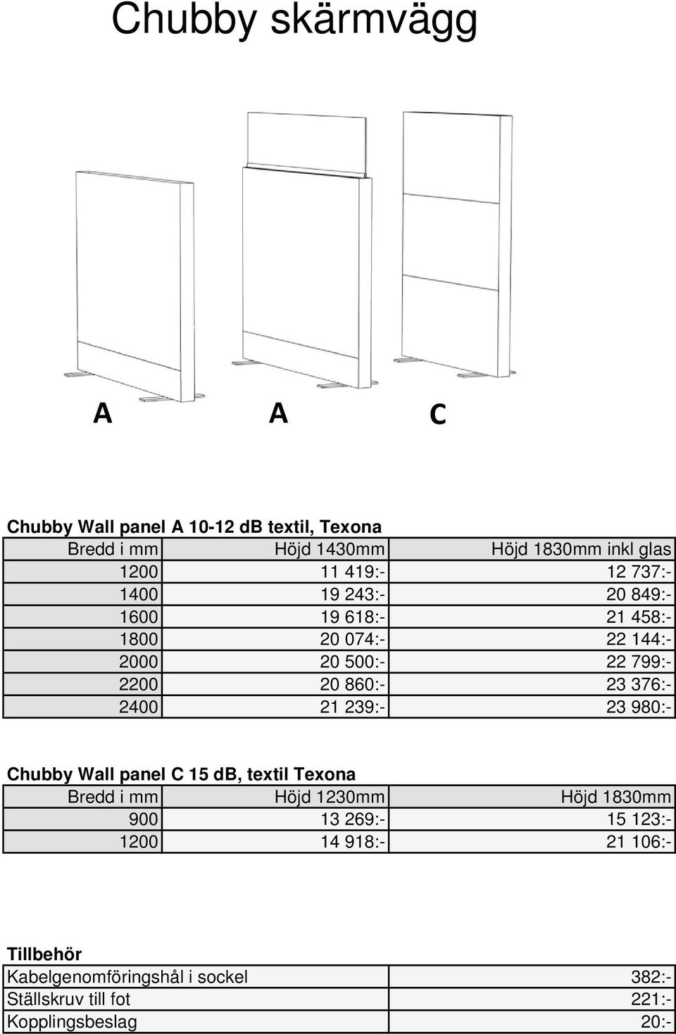 23 376:- 2400 21 239:- 23 980:- Tillbehör Kabelgenomföringshål i sockel Ställskruv till fot Kopplingsbeslag Chubby Wall